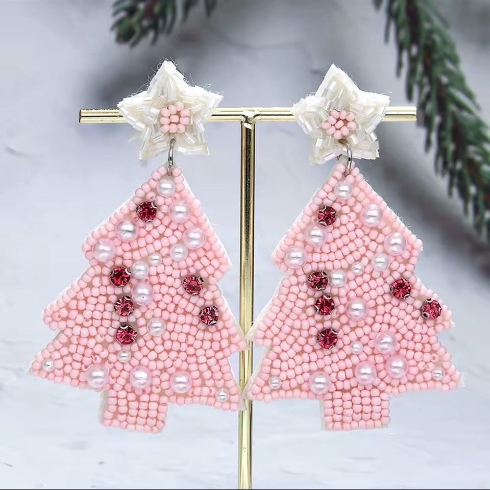Pink Sparkle Christmas Earrings – Tree Shape Beaded Design - Picture 2 of 4